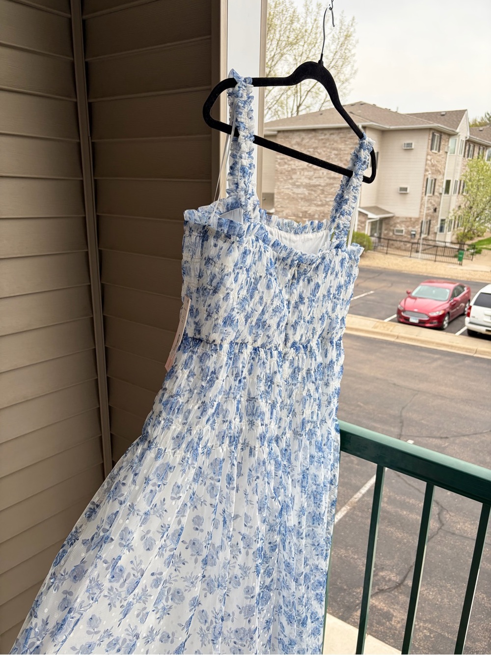 🆕🦋AQUA Blue White Floral Midi Dress Size L Bodice Tulle Overlay Cottagecore - Picture 6 of 17